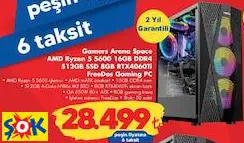 GAMERS ARENA SPACE AMD RYZEN 5 5600 16GB DDR4 512GB SSD 8GB RTX4060Tİ FREEDOS GAMİNG PC OYUN BİLGİSAYARI